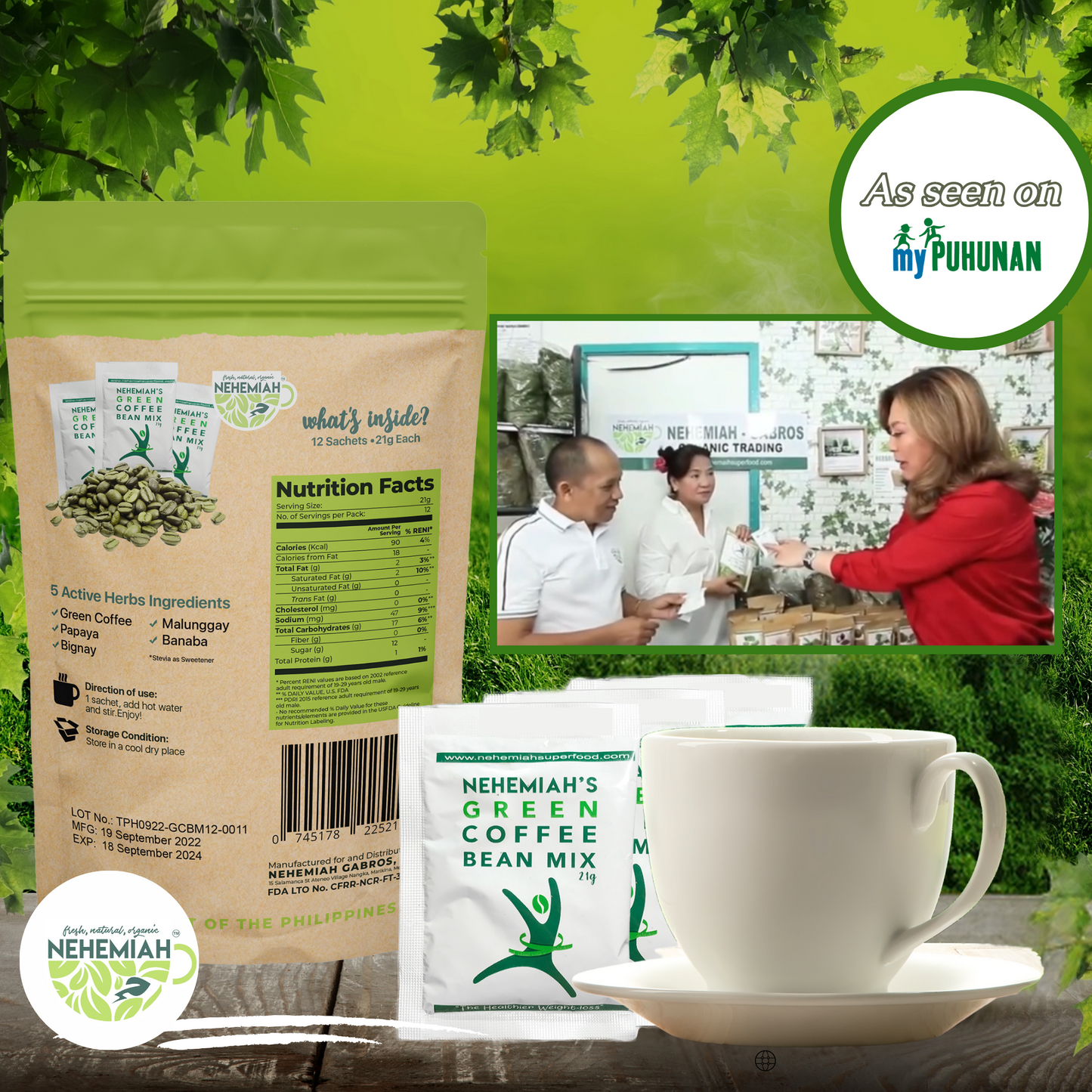 100% All Natural Green Coffee Bean Powder Mix with Stevia Organic Non-GMO- 12 21g Sachets