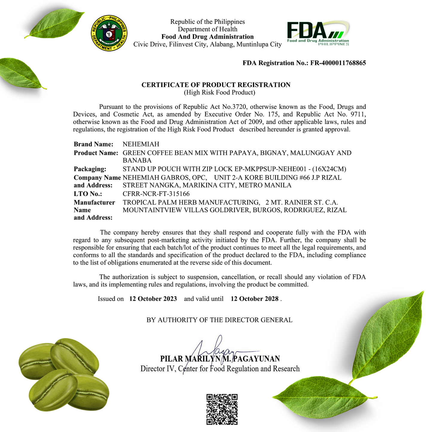 All-Natural Green Coffee Bean Powder Mix with Stevia Organic Non-GMO- 12 21g Sachets Nehemiah Superfood