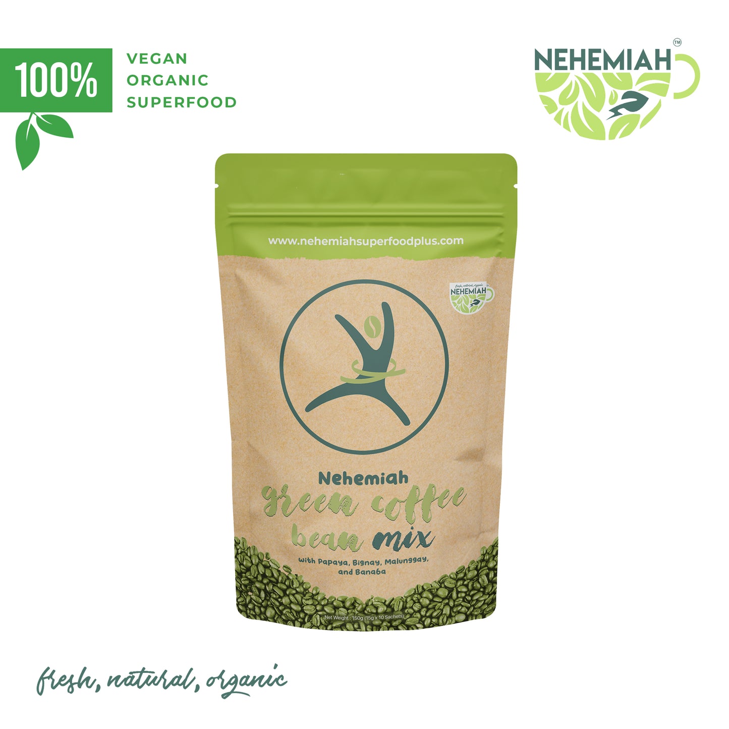 All-Natural Green Coffee Bean Powder Mix with 5 Herbs Organic Non-GMO- 10pcs of 15g Sachets Nehemiah Superfood
