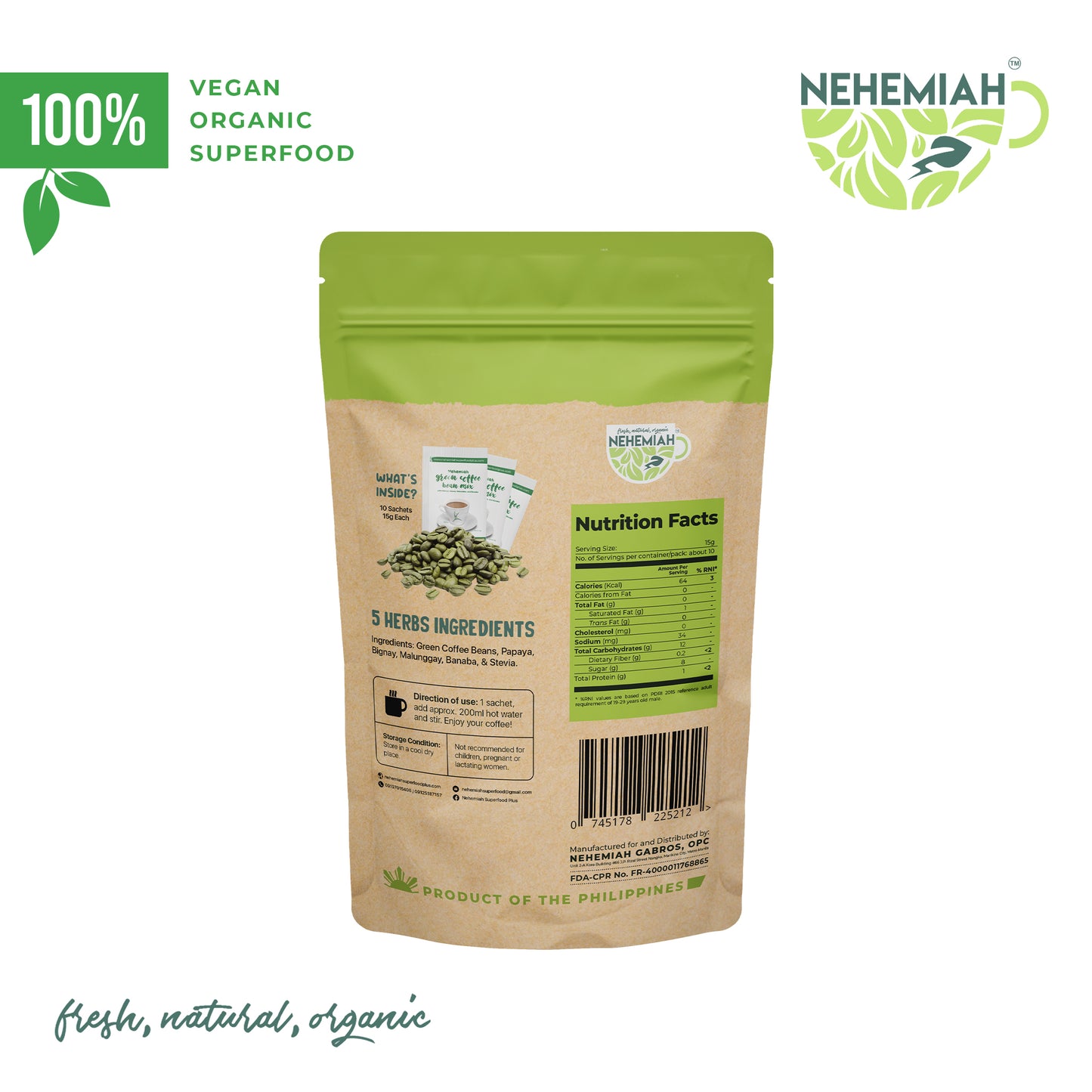 All-Natural Green Coffee Bean Powder Mix with 5 Herbs Organic Non-GMO- 10pcs of 15g Sachets Nehemiah Superfood