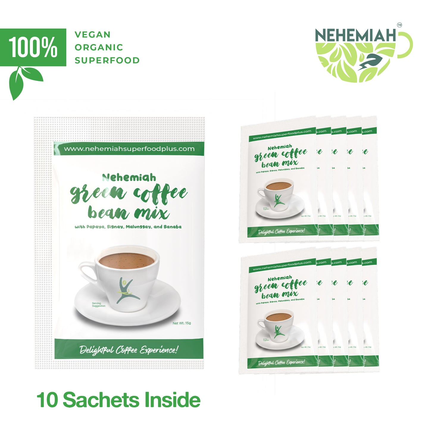 All-Natural Green Coffee Bean Powder Mix with 5 Herbs Organic Non-GMO- 10pcs of 15g Sachets Nehemiah Superfood
