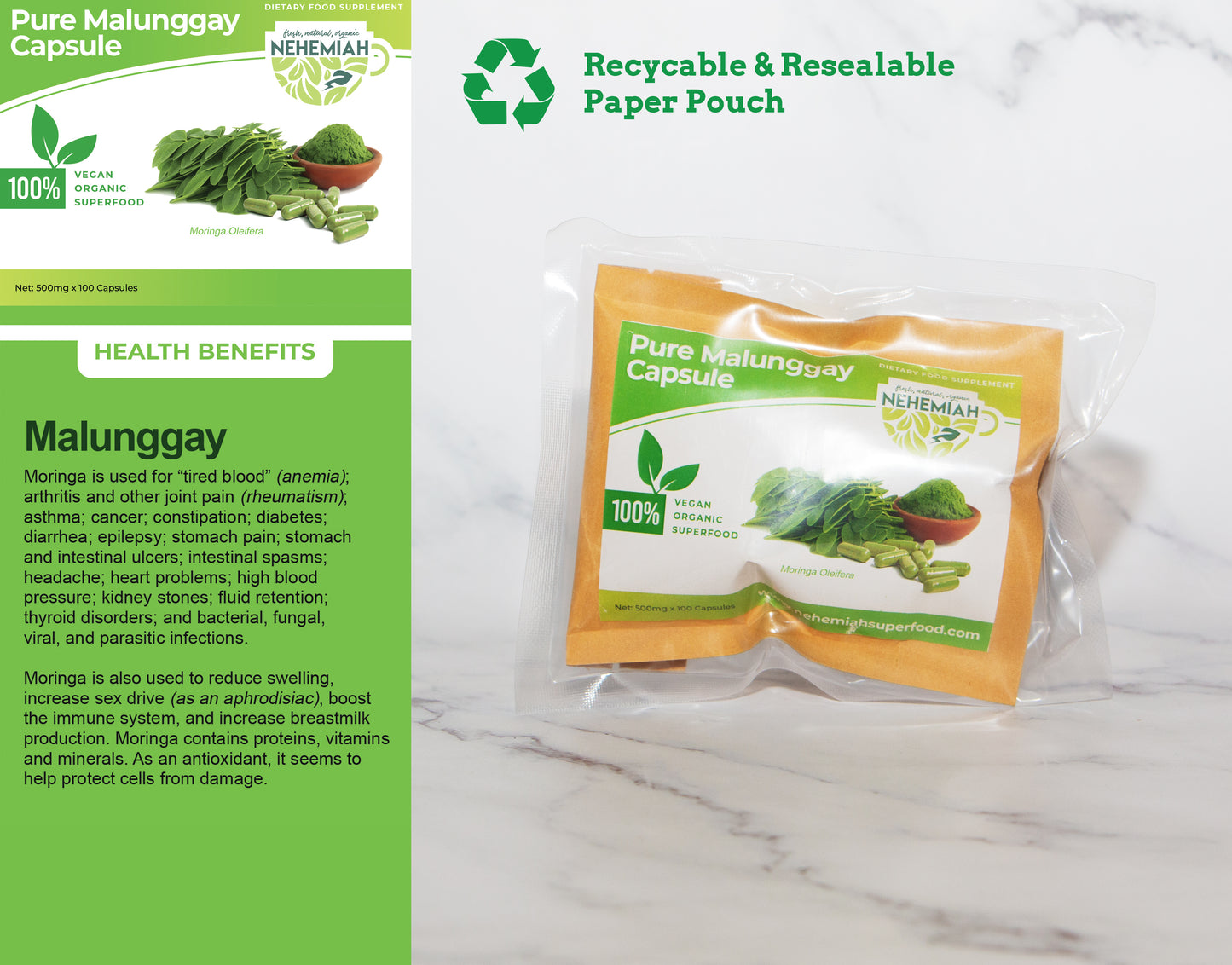 100% Natural Pure Moringa (Malunggay) CAPSULES - Organic Non-GMO 100's