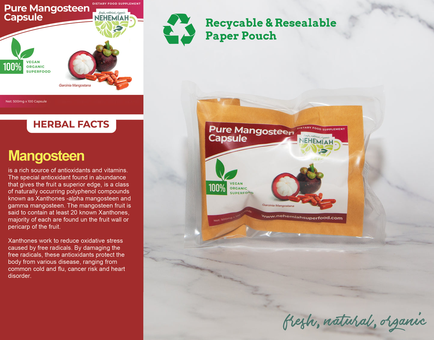 100% Natural Pure Mangosteen CAPSULES - Organic Non-GMO 100's