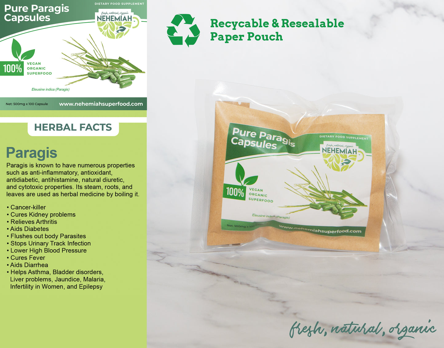 100% Natural Pure Paragis (Goose Grass) Capsules - Organic Non-GMO 100's