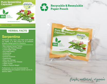 100% Natural Pure Serpentina Capsules - Organic Non-GMO 100's